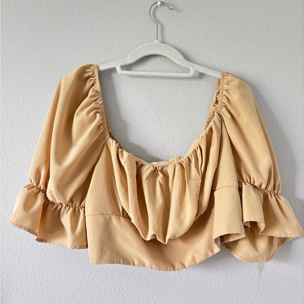 SHEIN Tan Puff Sleeve Ruched Crop Blouse